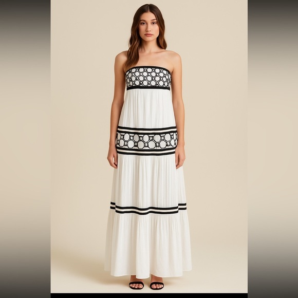 Tory Burch Christie Strapless Maxi Dress Size 4 White Black Silk Runway NWT - Picture 13 of 13